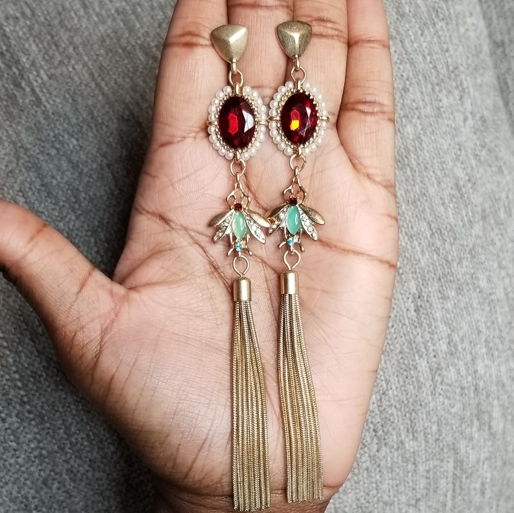 Gold, Rhinestone, and Pearl Earrings